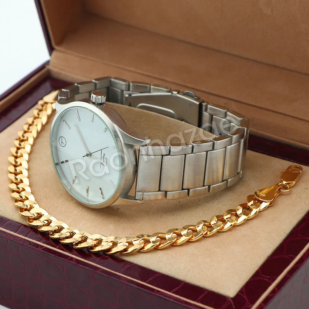 Silver PT Designer Bezel Metal Band Round Watch Diamond Cut Cuban Bracelet G99S