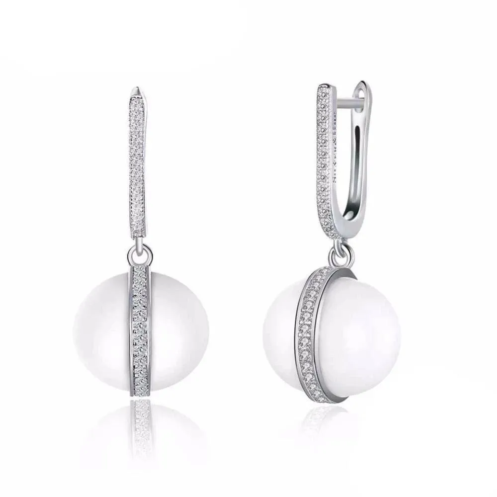Sterling Silver Drop Earrings White Ball Ceramic CZ Micro Insert Dangles Fashion Jewelry Gift