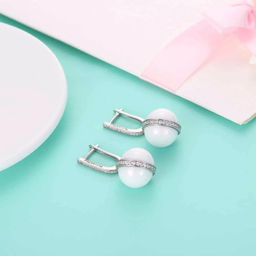 Sterling Silver Drop Earrings White Ball Ceramic CZ Micro Insert Dangles Fashion Jewelry Gift