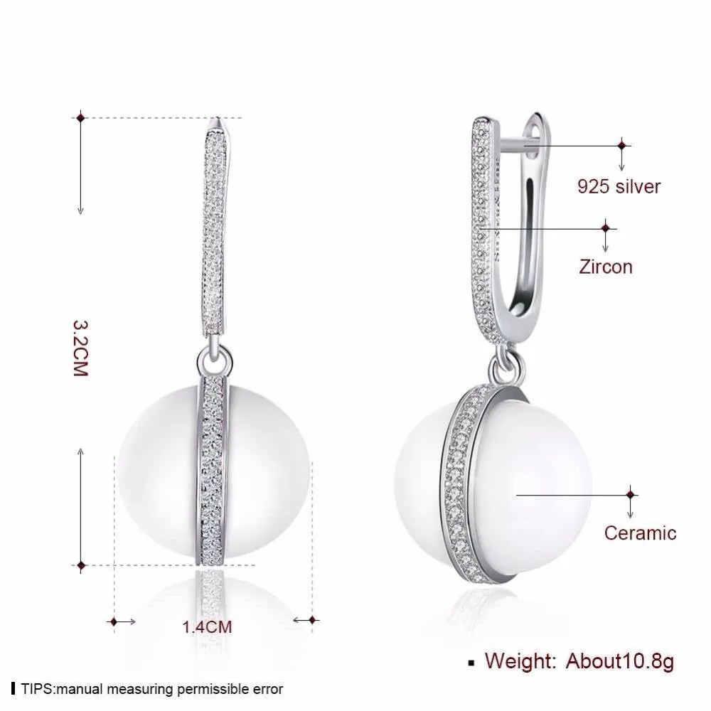 Sterling Silver Drop Earrings White Ball Ceramic CZ Micro Insert Dangles Fashion Jewelry Gift
