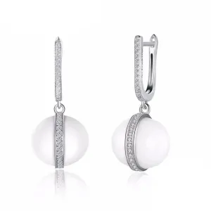 Sterling Silver Drop Earrings White Ball Ceramic CZ Micro Insert Dangles Fashion Jewelry Gift