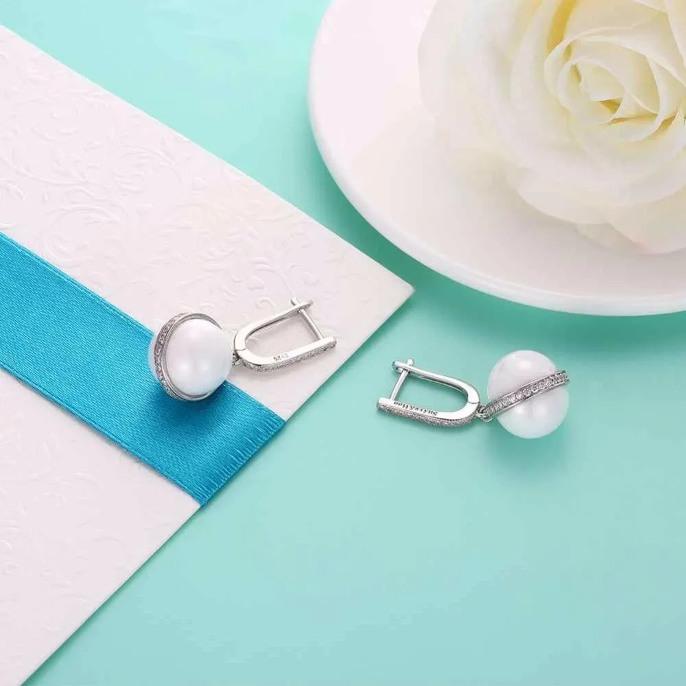 Sterling Silver Drop Earrings White Ball Ceramic CZ Micro Insert Dangles Fashion Jewelry Gift