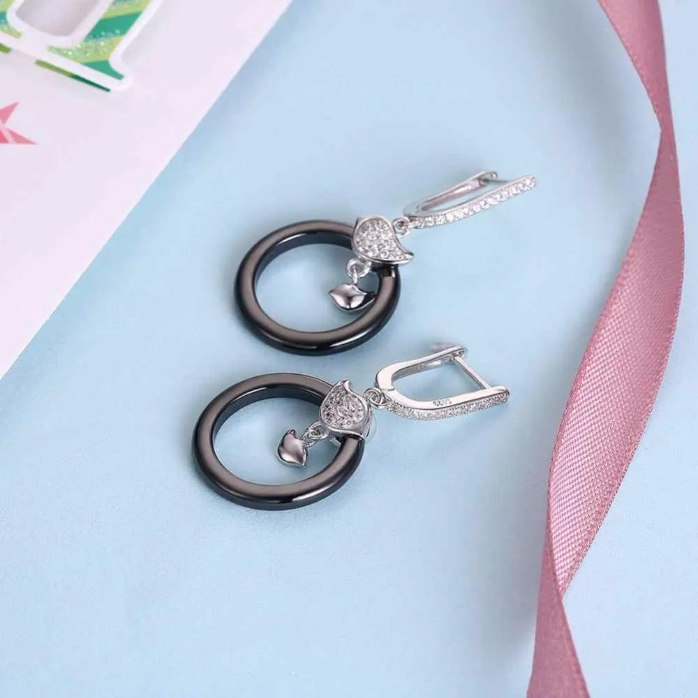 Sterling Silver Female Drop Earrings Trendy Black Round Ceramic Dangle Earrings Jewelry Gift