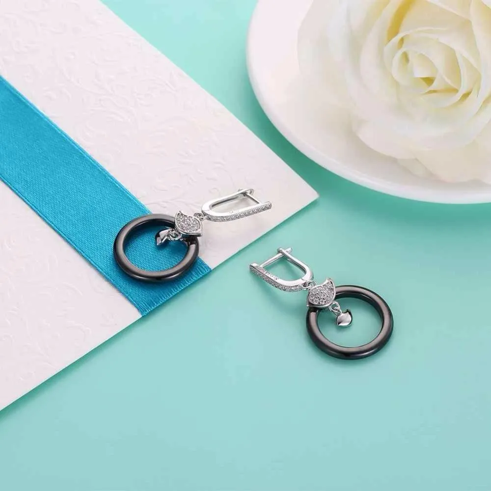 Sterling Silver Female Drop Earrings Trendy Black Round Ceramic Dangle Earrings Jewelry Gift