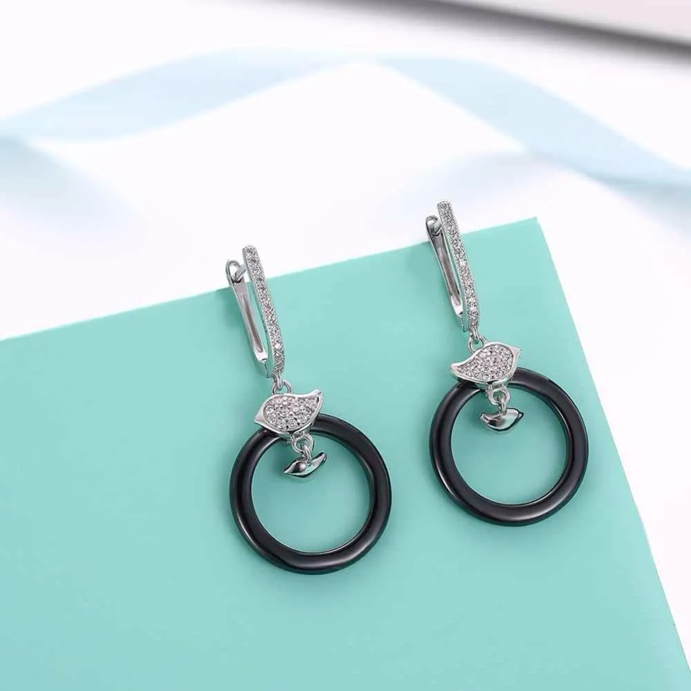 Sterling Silver Female Drop Earrings Trendy Black Round Ceramic Dangle Earrings Jewelry Gift