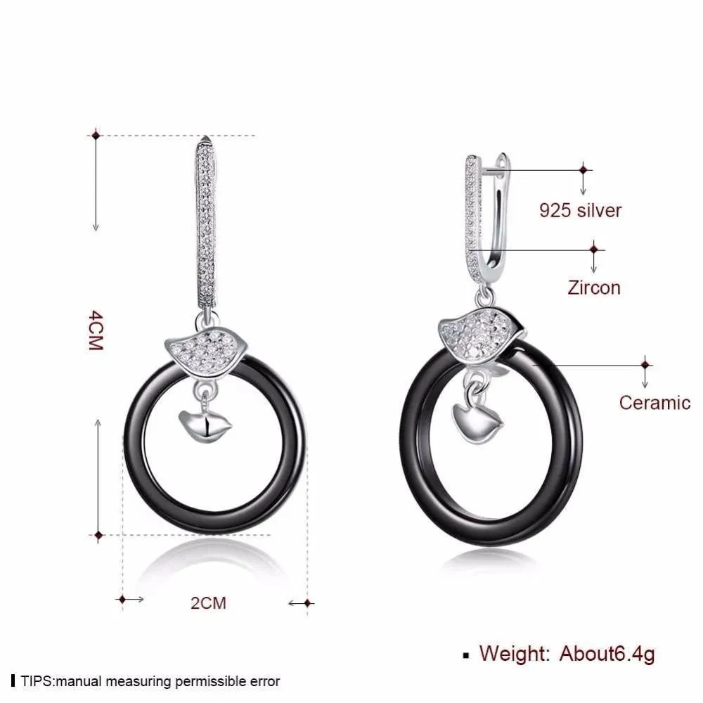 Sterling Silver Female Drop Earrings Trendy Black Round Ceramic Dangle Earrings Jewelry Gift