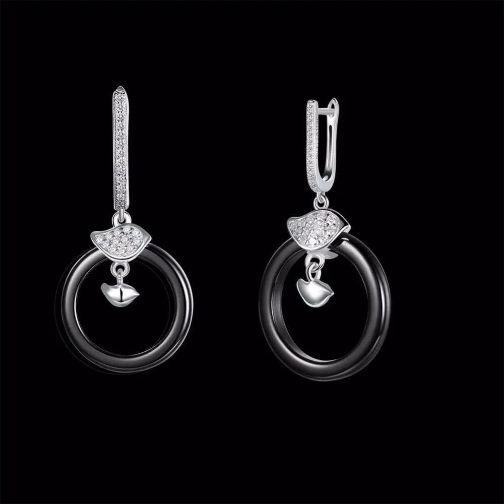 Sterling Silver Female Drop Earrings Trendy Black Round Ceramic Dangle Earrings Jewelry Gift