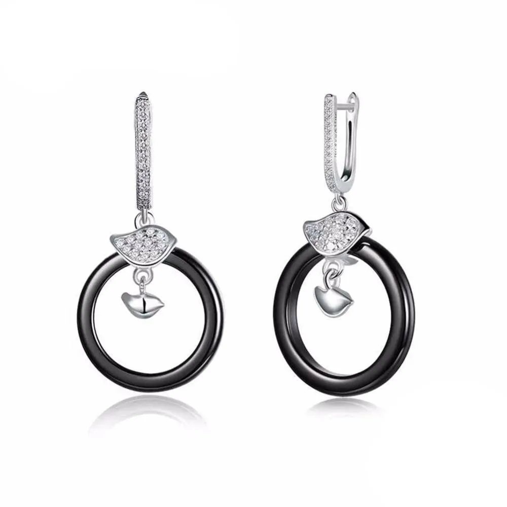 Sterling Silver Female Drop Earrings Trendy Black Round Ceramic Dangle Earrings Jewelry Gift