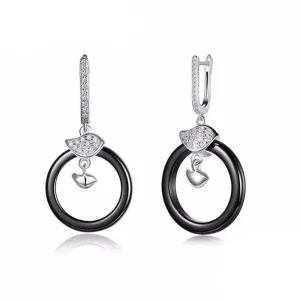 Sterling Silver Female Drop Earrings Trendy Black Round Ceramic Dangle Earrings Jewelry Gift