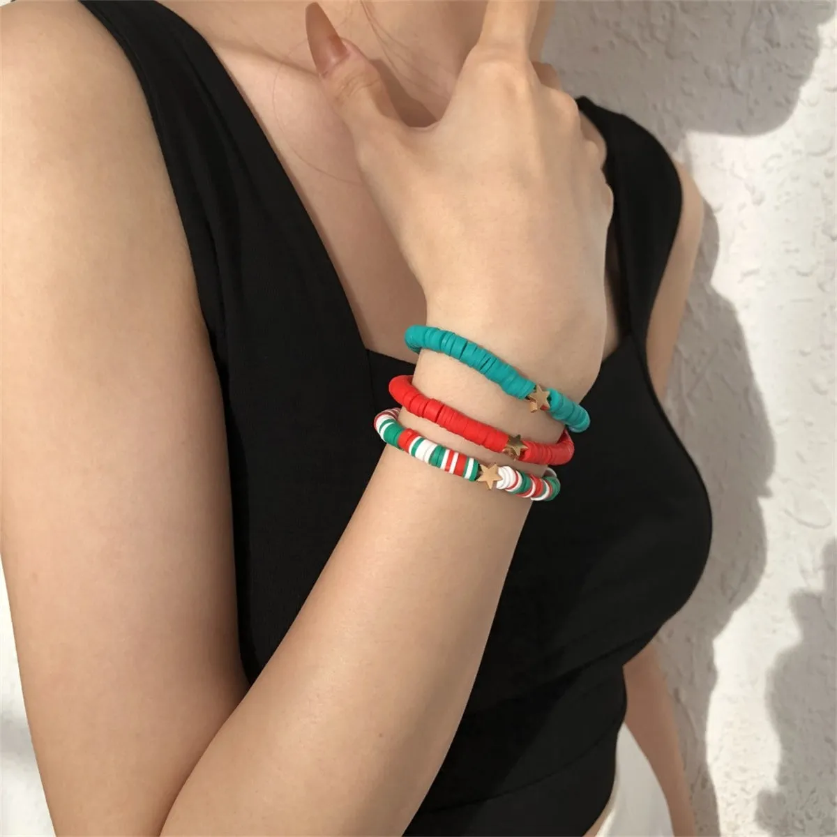 Teal Polymer Clay & 18K Gold-Plated Star Stretch Bracelet Set