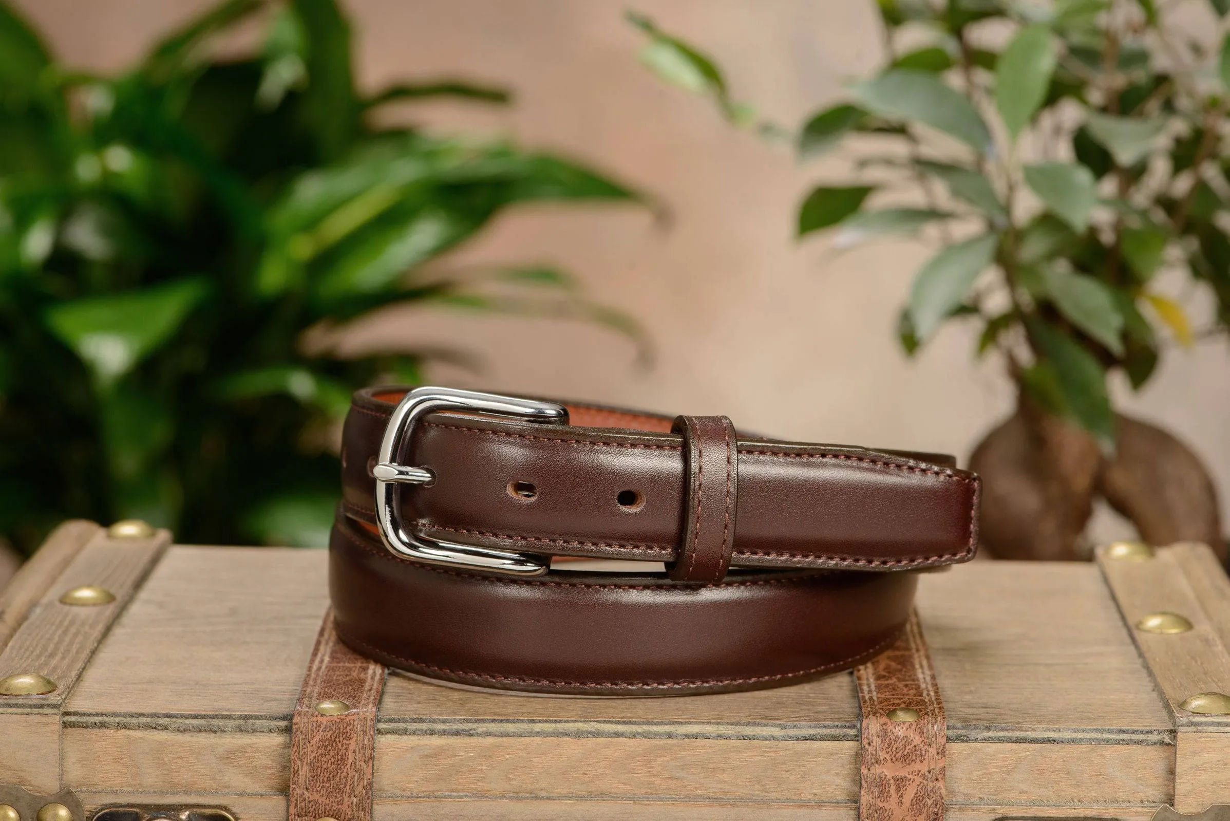 The Stallion: Men's Chocolate Brown Stitched Italian Leather Belt With Chrome Buckle 1.25"
