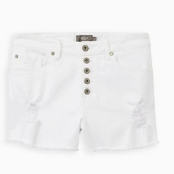 Torrid plus vintage stretch denim high rise distressed shorts, 26/ 49&quot;, …