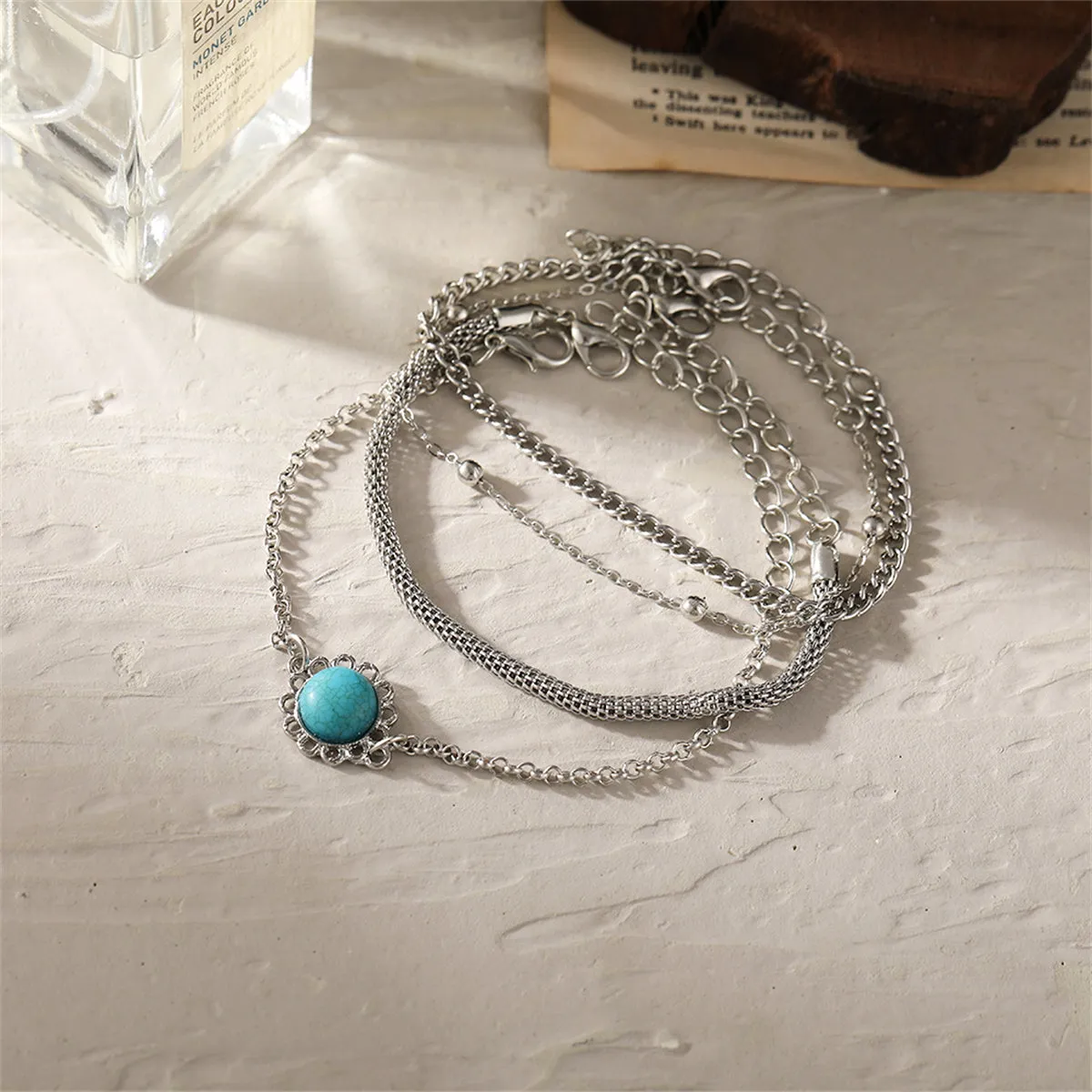 Turquoise & Silver-Plated Sun Charm Bracelet Set