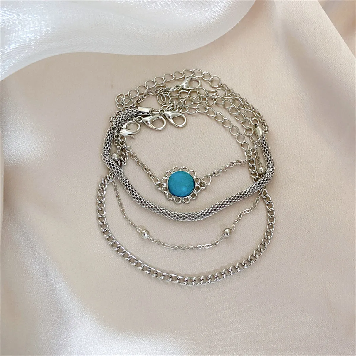 Turquoise & Silver-Plated Sun Charm Bracelet Set