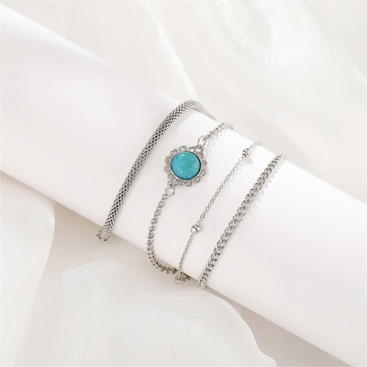 Turquoise & Silver-Plated Sun Charm Bracelet Set
