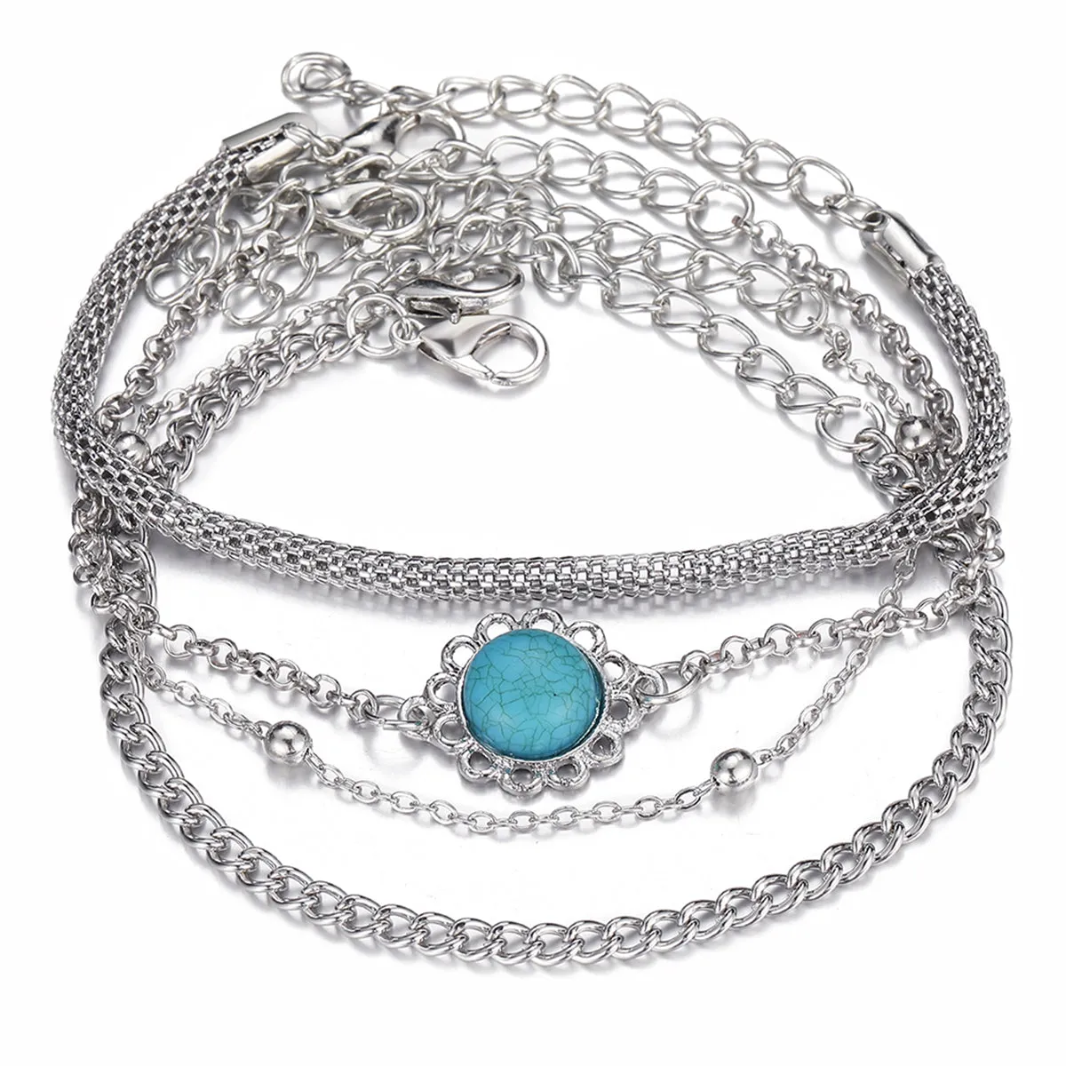 Turquoise & Silver-Plated Sun Charm Bracelet Set