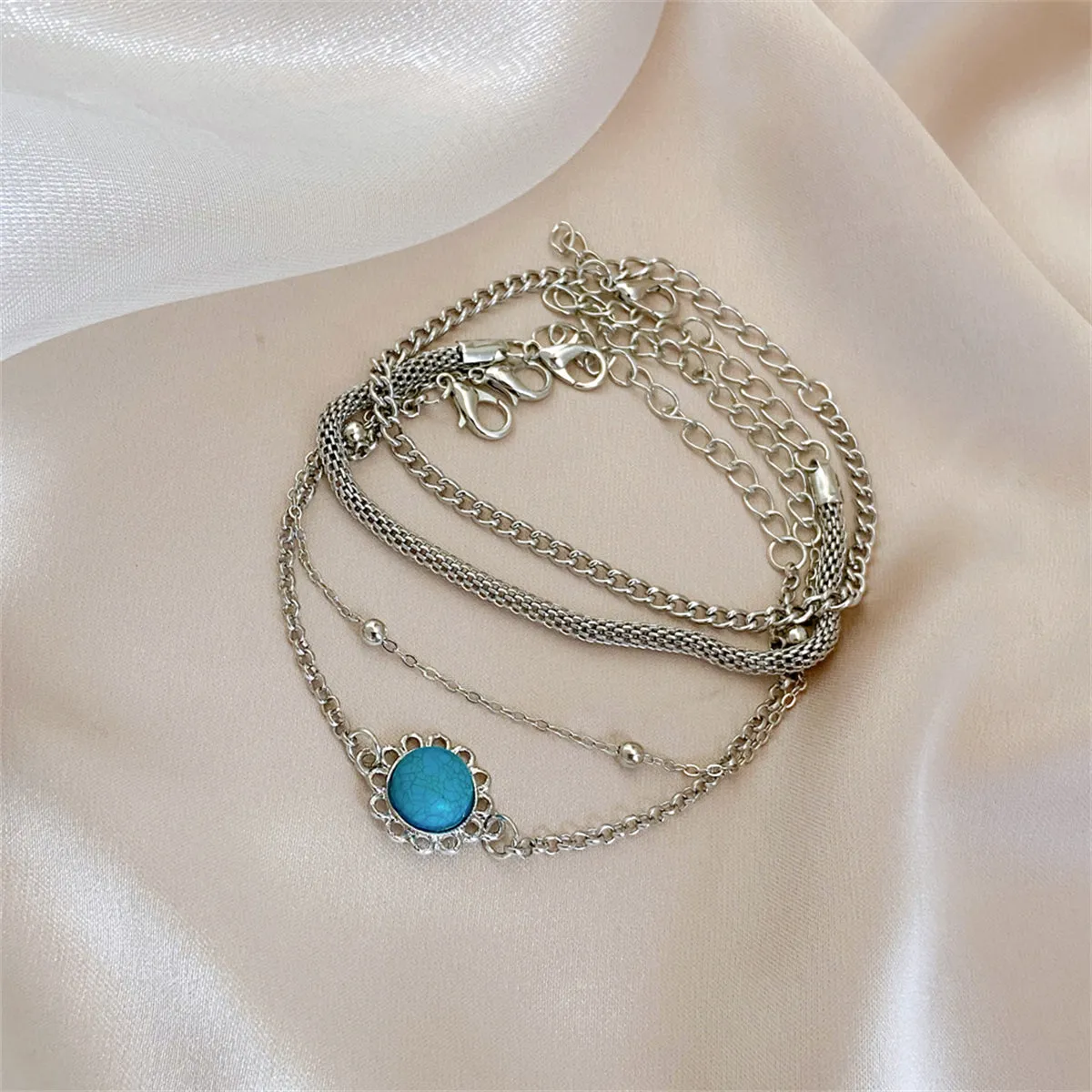Turquoise & Silver-Plated Sun Charm Bracelet Set