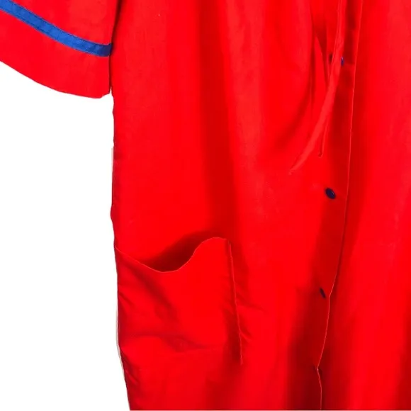 Vintage 80s Woven Rainbow Snap Up Short Sleeve House Coat Moomoo Nightgown Red