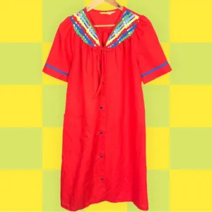 Vintage 80s Woven Rainbow Snap Up Short Sleeve House Coat Moomoo Nightgown Red