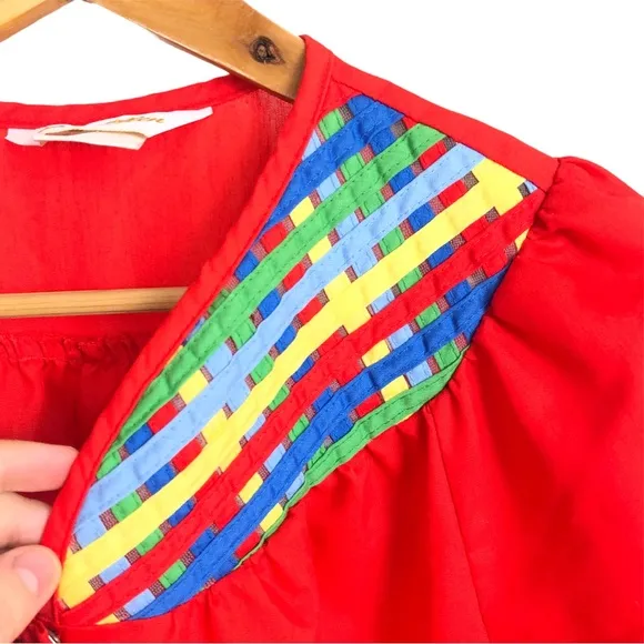 Vintage 80s Woven Rainbow Snap Up Short Sleeve House Coat Moomoo Nightgown Red