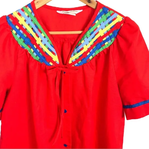 Vintage 80s Woven Rainbow Snap Up Short Sleeve House Coat Moomoo Nightgown Red