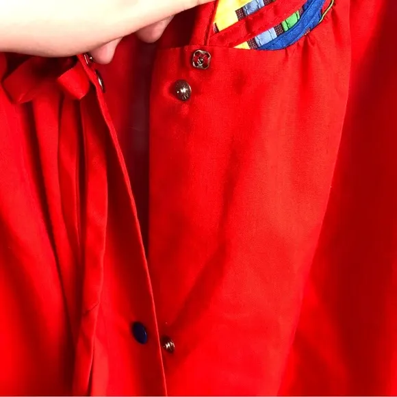 Vintage 80s Woven Rainbow Snap Up Short Sleeve House Coat Moomoo Nightgown Red