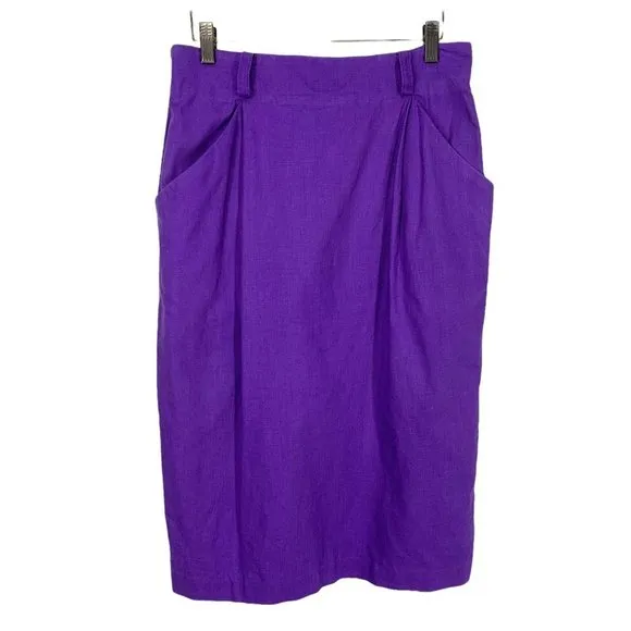 Vintage 90s Purple Linen Cotton Above Knee Pencil Skirt Large