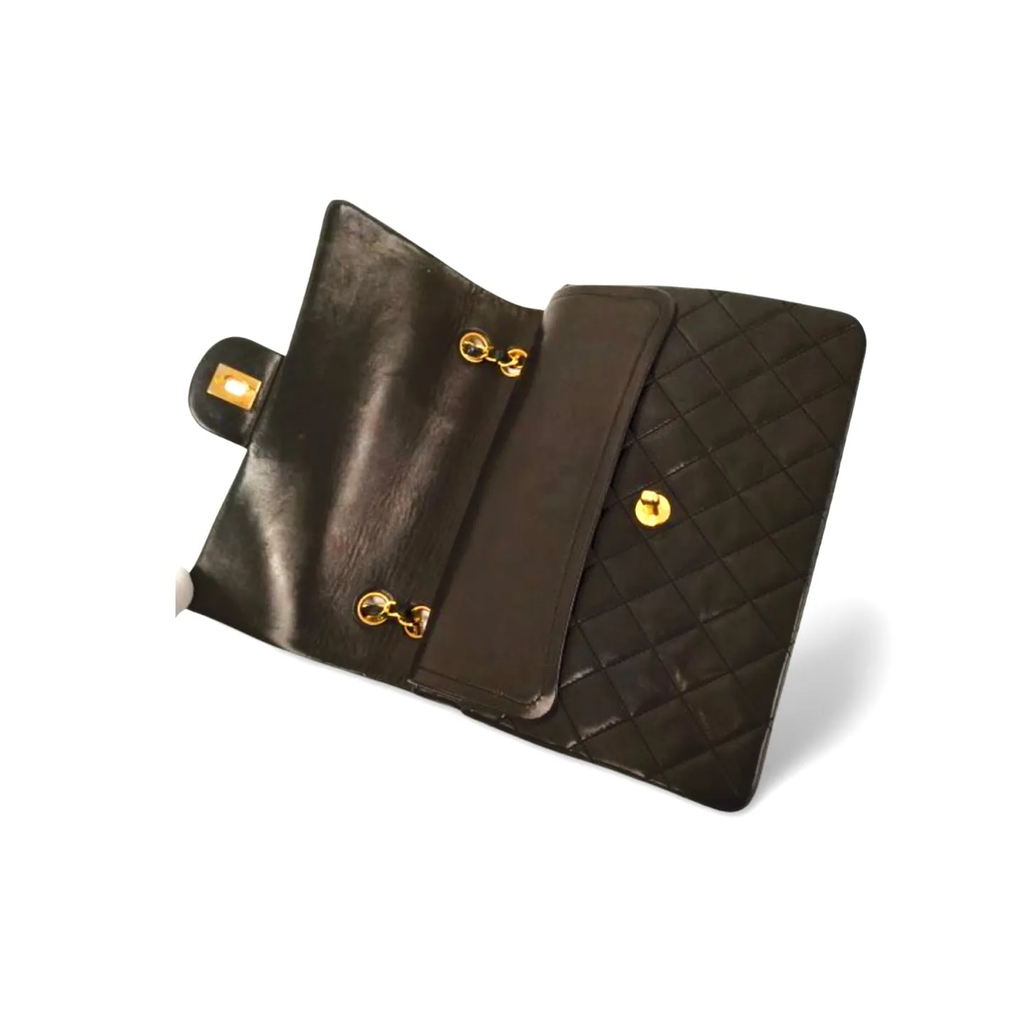 Vintage CHANEL black lambskin classic 2.55 double flap shoulder purse with golden chain straps. Make you even more chic. 061107k1ys