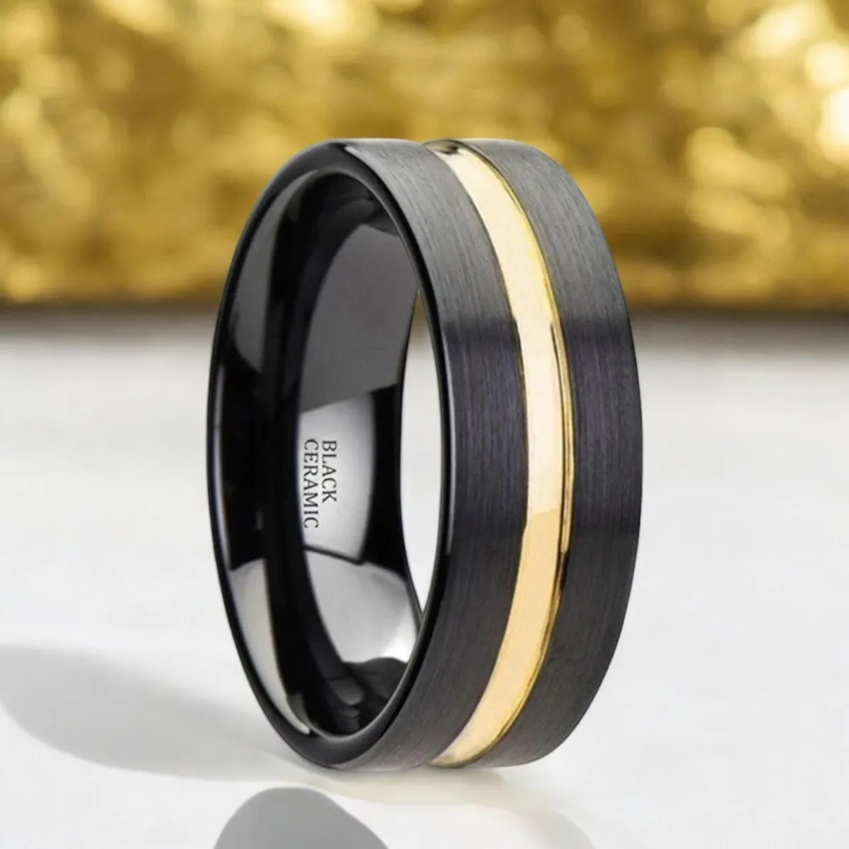 VIVALDI | Black Ceramic Ring, Yellow Gold Groove, Flat