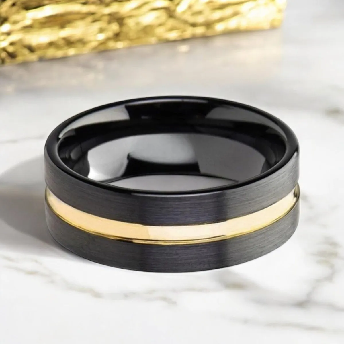VIVALDI | Black Ceramic Ring, Yellow Gold Groove, Flat