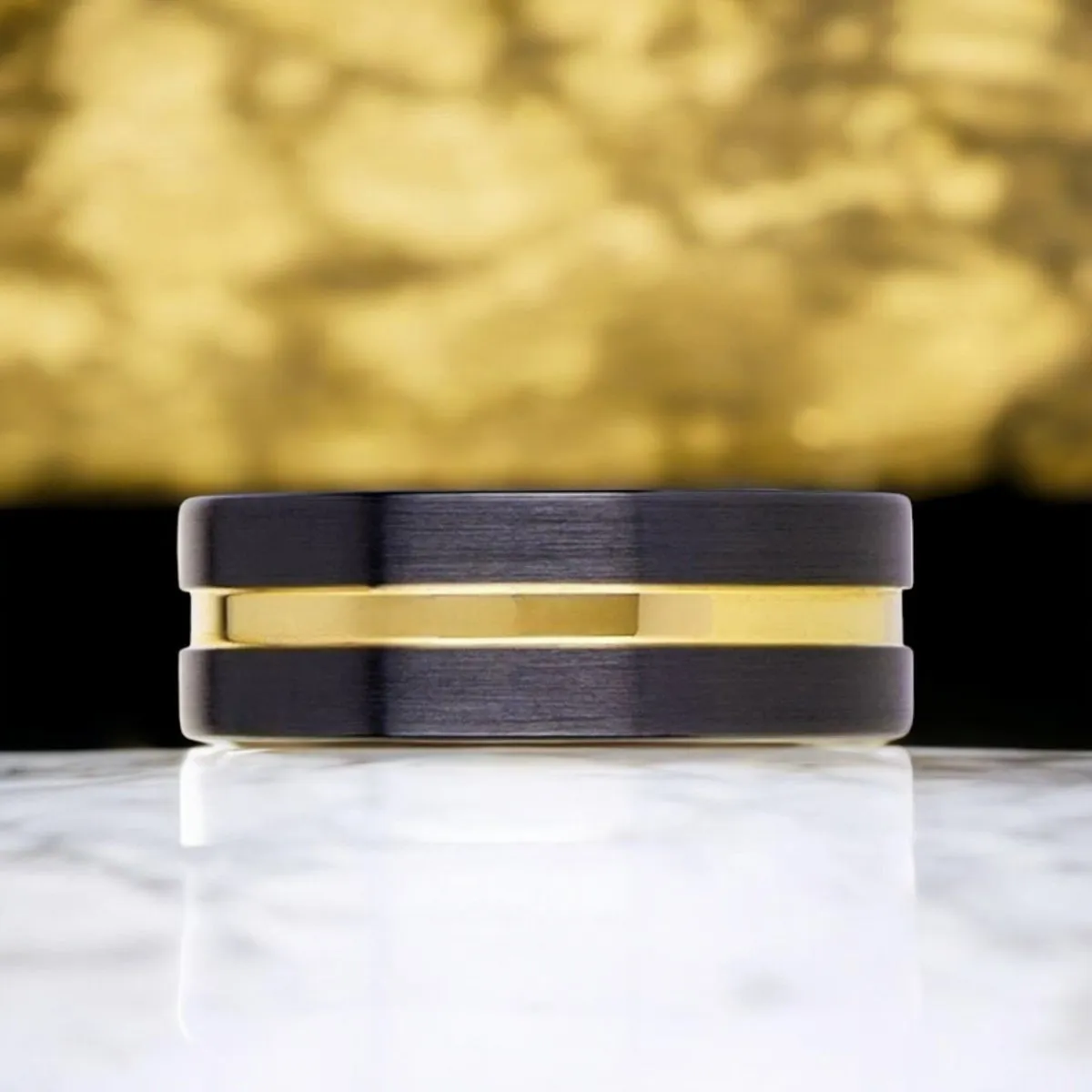 VIVALDI | Black Ceramic Ring, Yellow Gold Groove, Flat