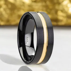 VIVALDI | Black Ceramic Ring, Yellow Gold Groove, Flat