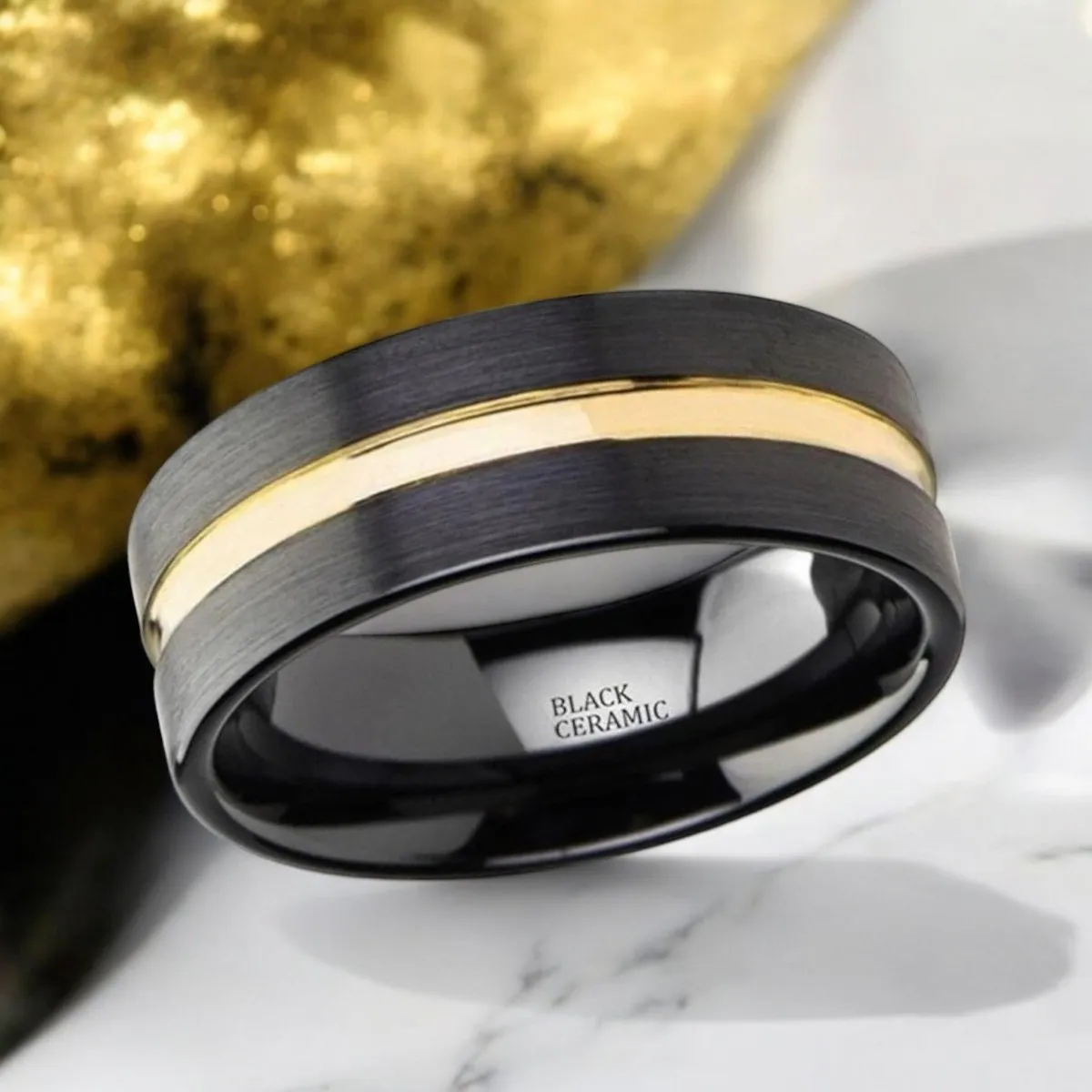 VIVALDI | Black Ceramic Ring, Yellow Gold Groove, Flat