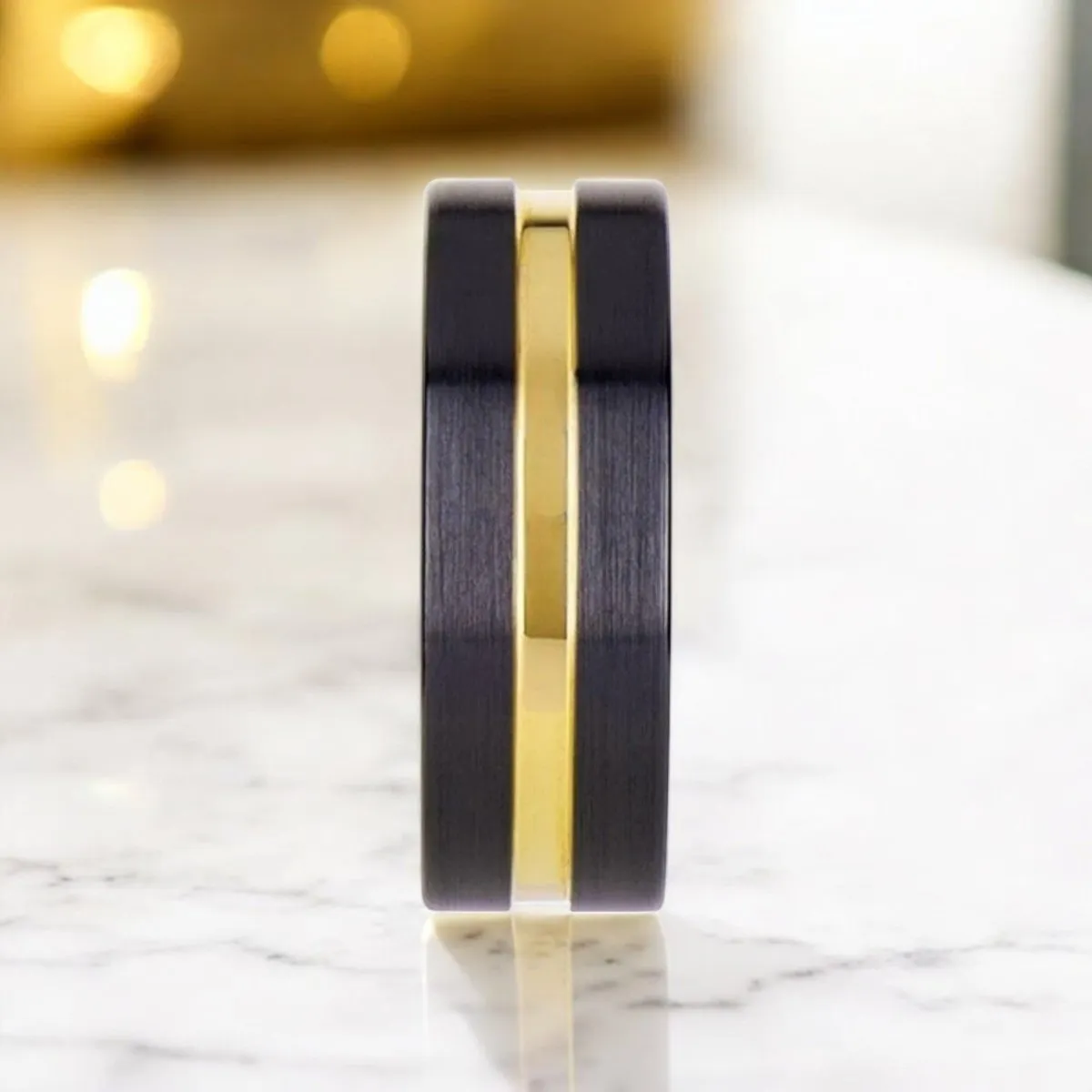 VIVALDI | Black Ceramic Ring, Yellow Gold Groove, Flat