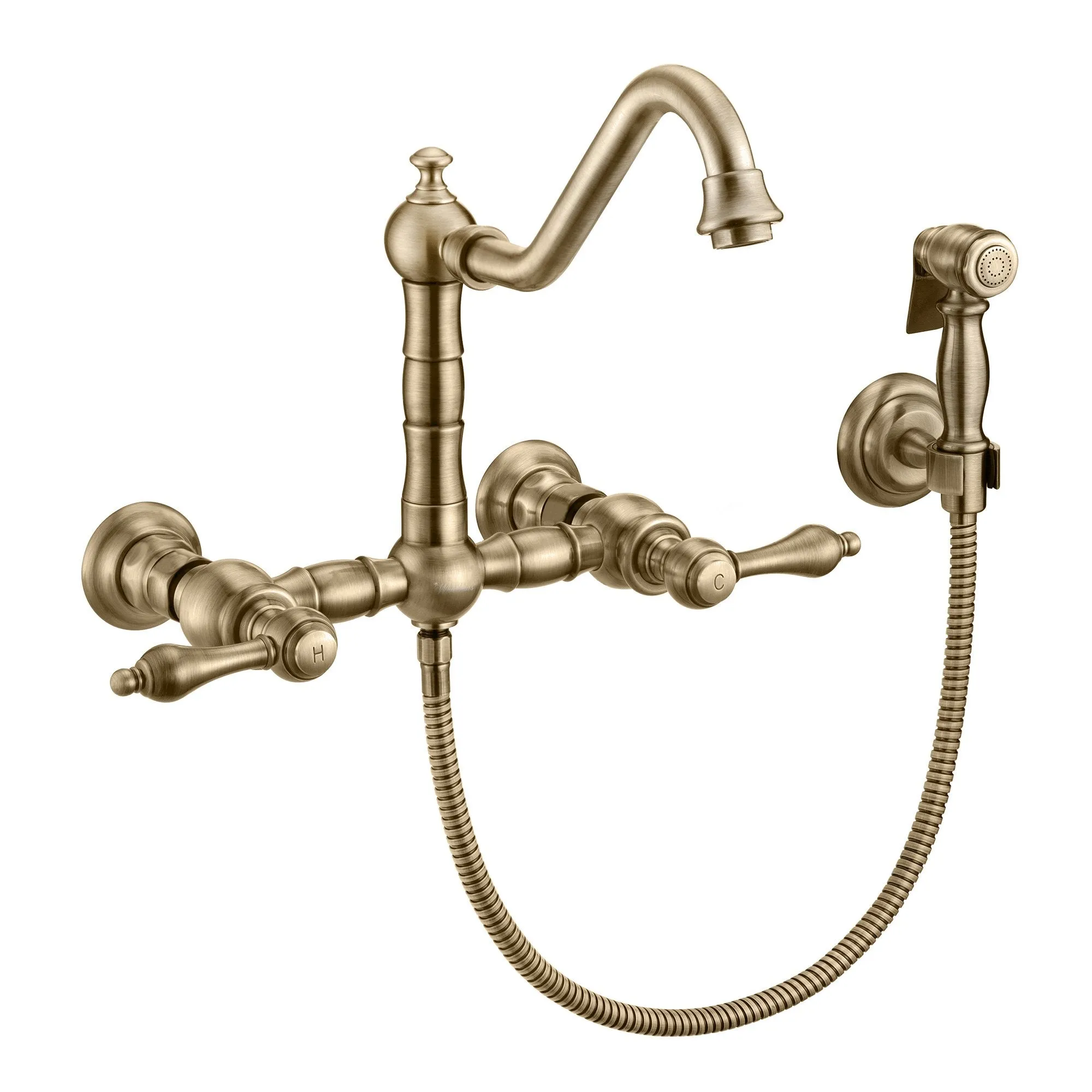 Wall Mount Faucet with a  Long Traditional Swivel Spout, Lever Handles and Solid Brass Side Spray