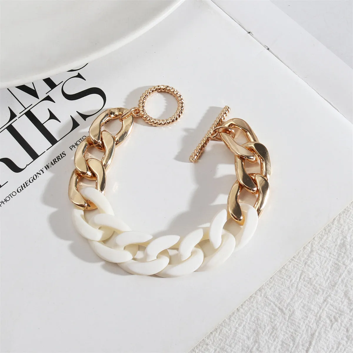 White Acrylic & 18K Gold-Plated Curb Chain Toggle Bracelet