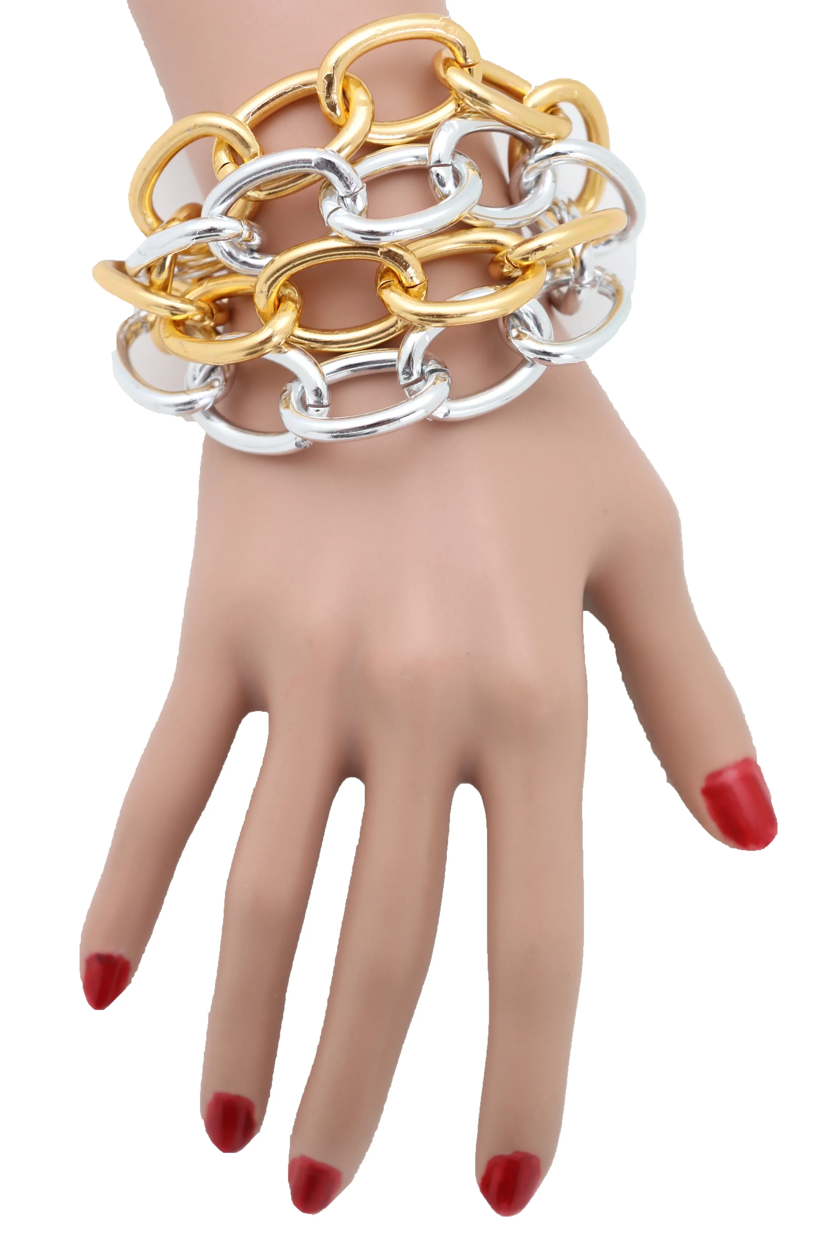 Women Silver Gold Color Metal Chunky Chain Thick Links Bracelet Adjustable Size Band