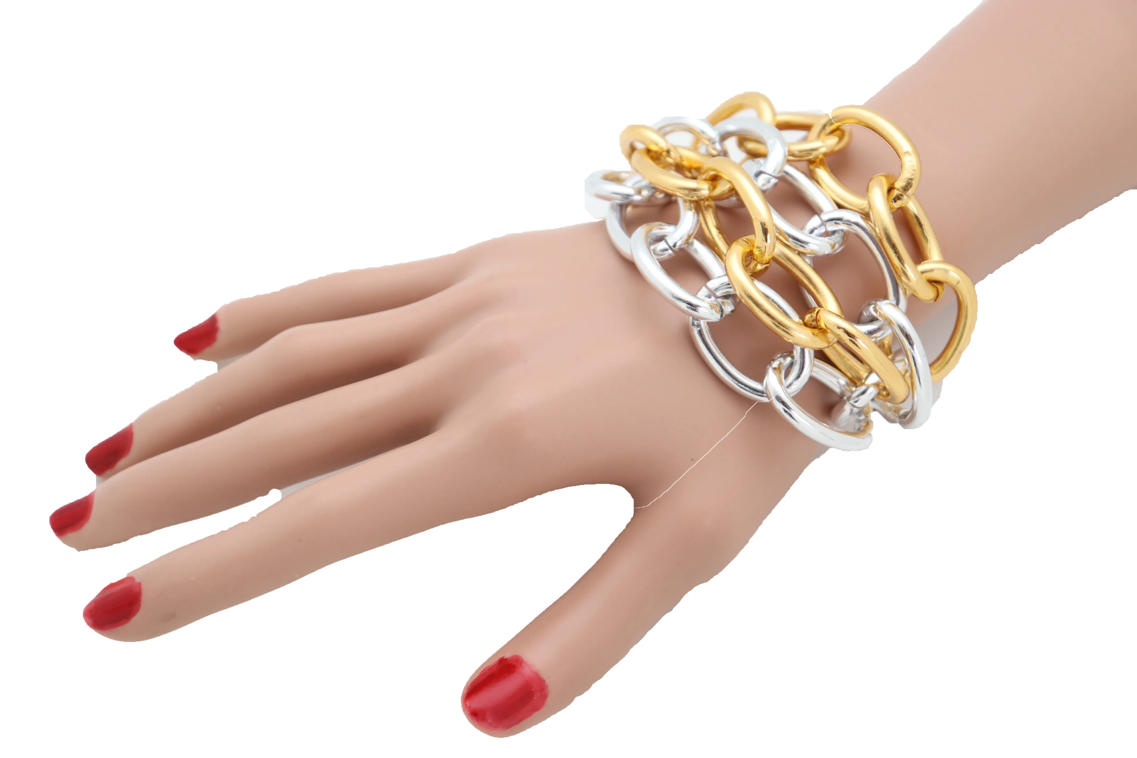 Women Silver Gold Color Metal Chunky Chain Thick Links Bracelet Adjustable Size Band