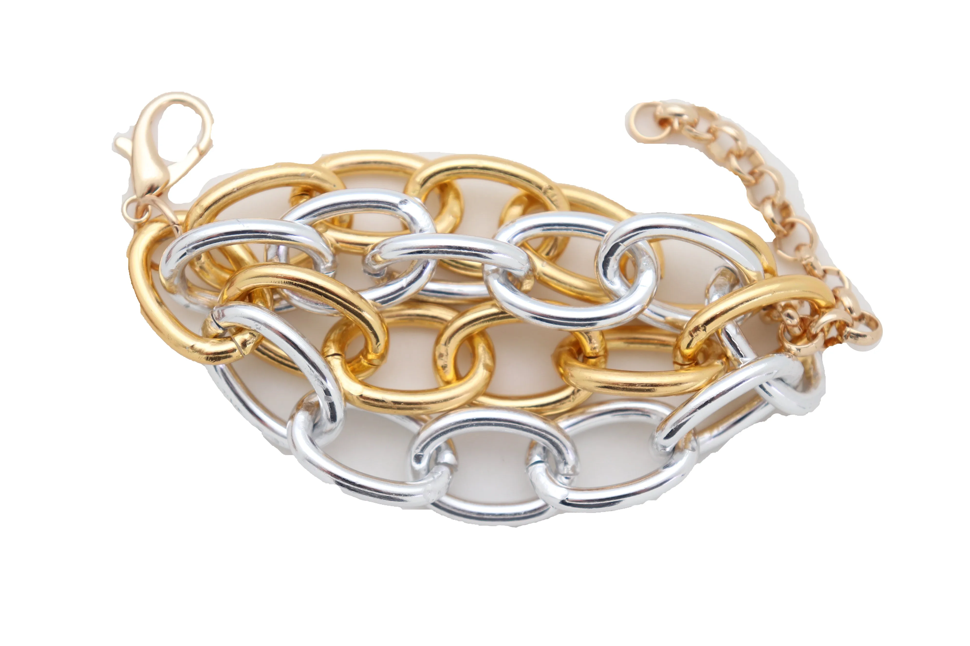 Women Silver Gold Color Metal Chunky Chain Thick Links Bracelet Adjustable Size Band