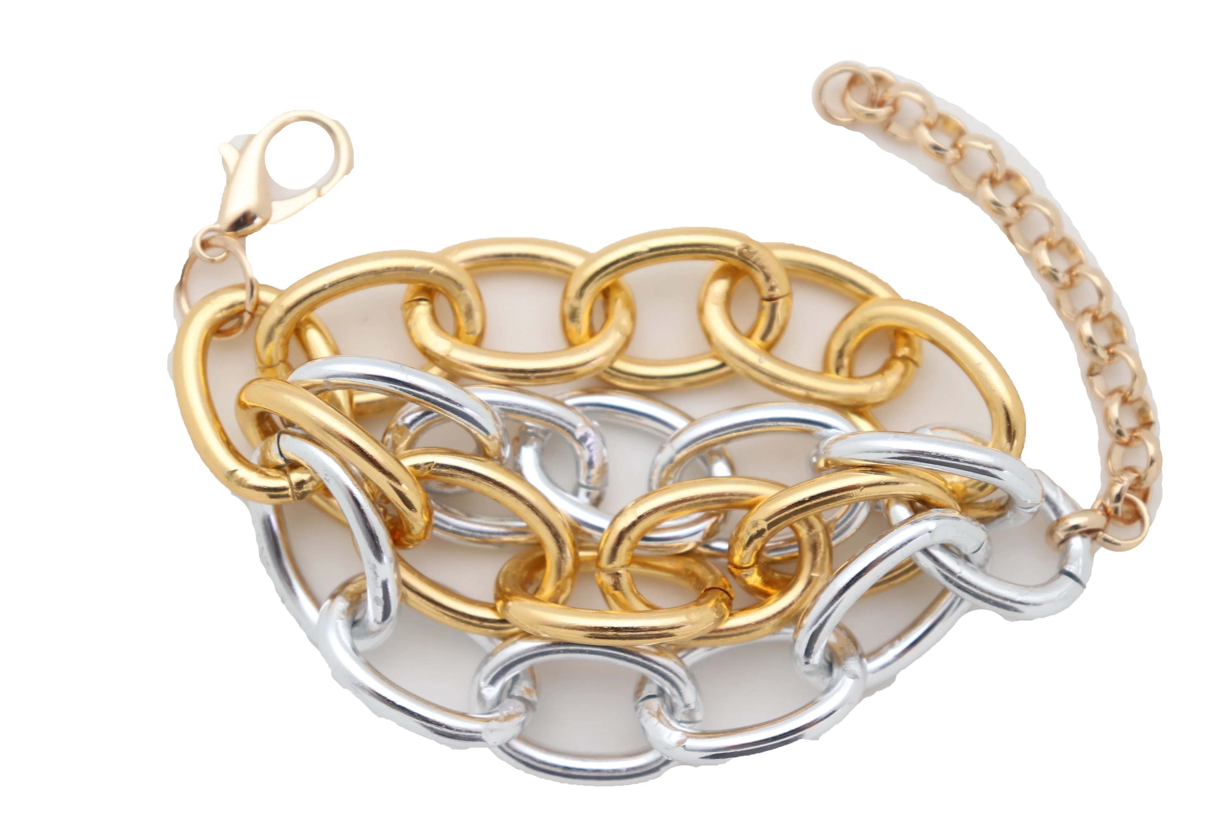 Women Silver Gold Color Metal Chunky Chain Thick Links Bracelet Adjustable Size Band