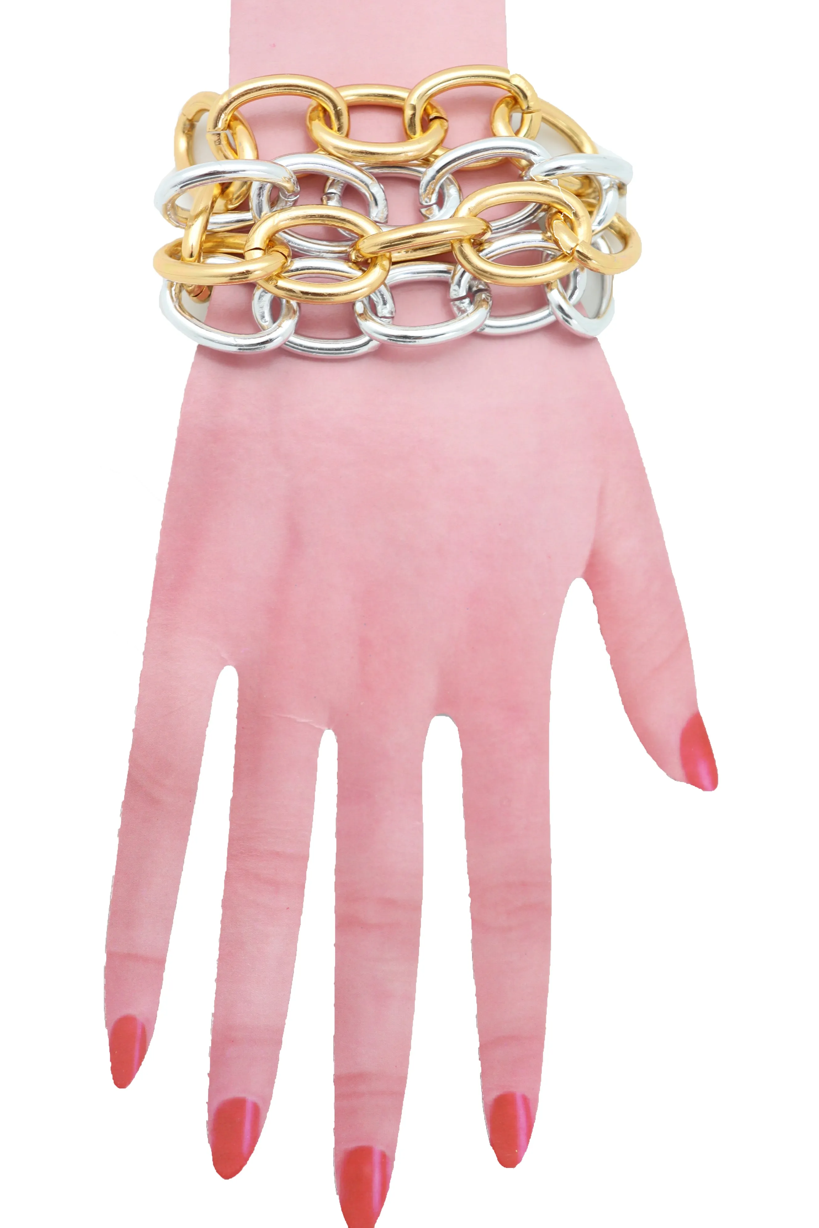 Women Silver Gold Color Metal Chunky Chain Thick Links Bracelet Adjustable Size Band