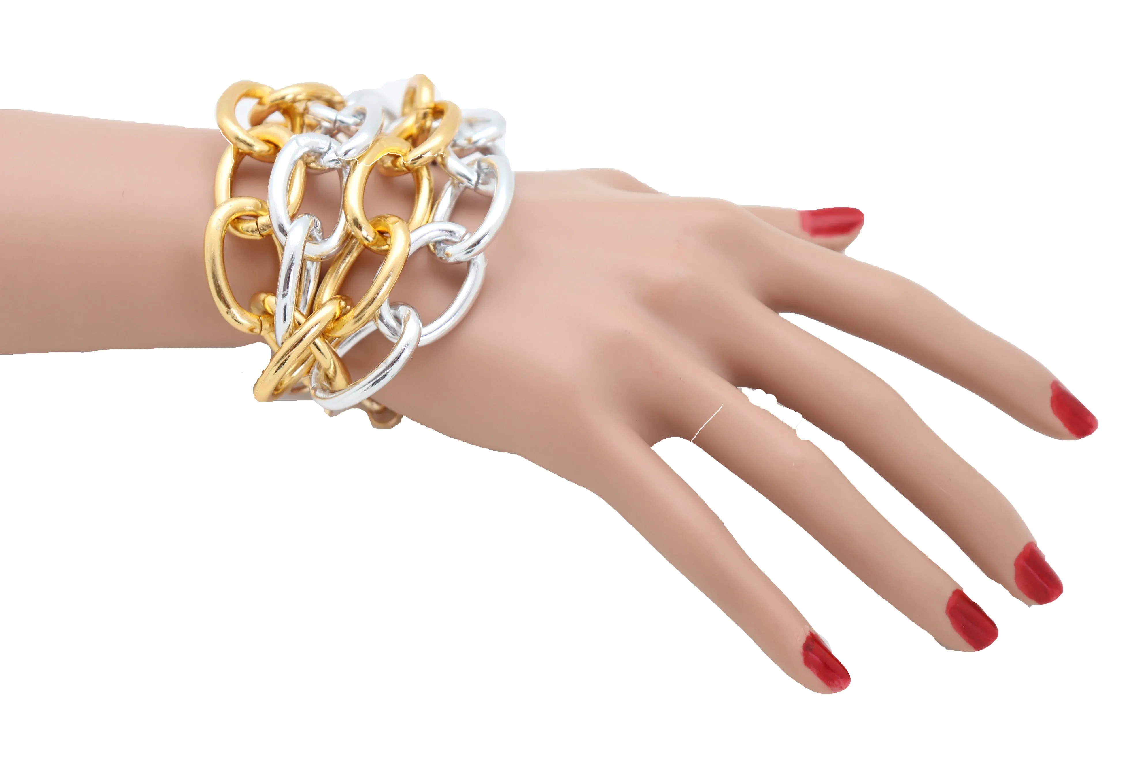 Women Silver Gold Color Metal Chunky Chain Thick Links Bracelet Adjustable Size Band